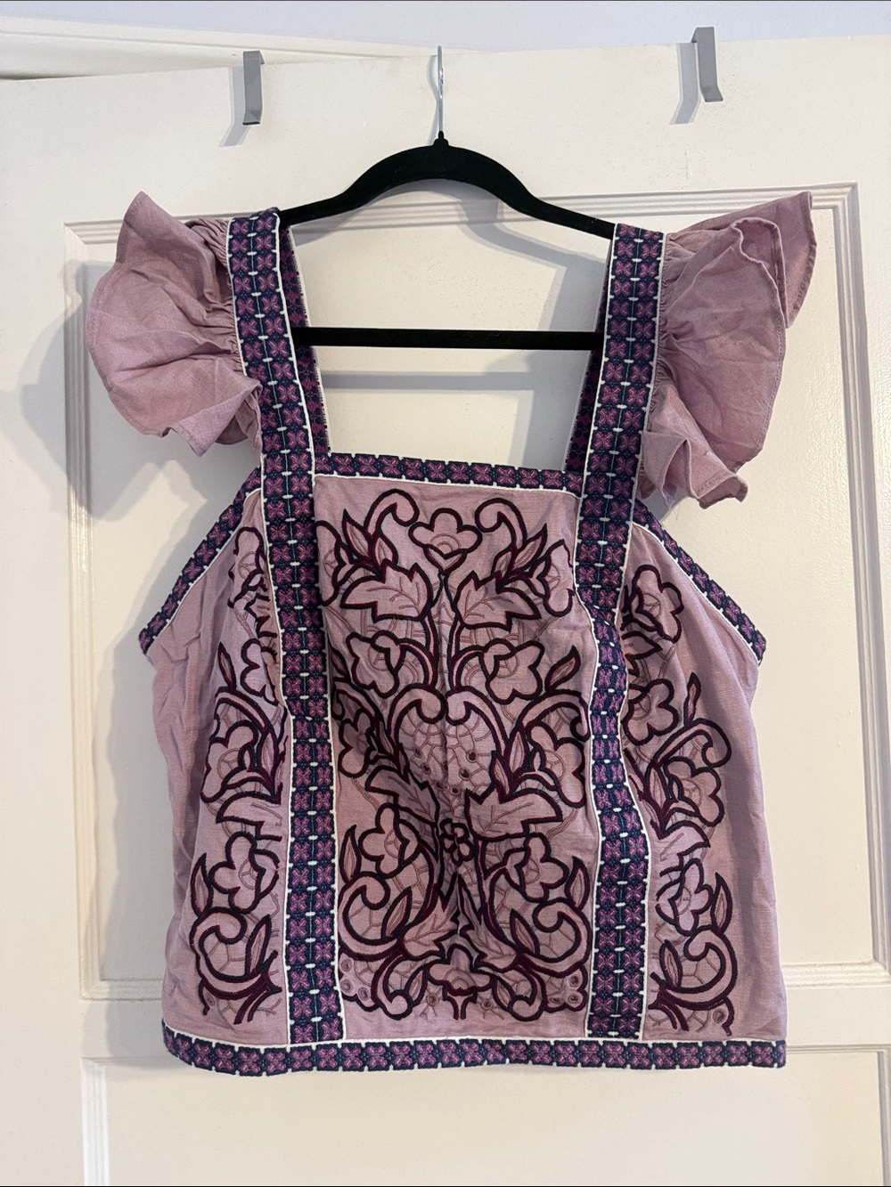 NWT Anthropologie Embroidered Purple Ruffle-Sleeve Crop top size L